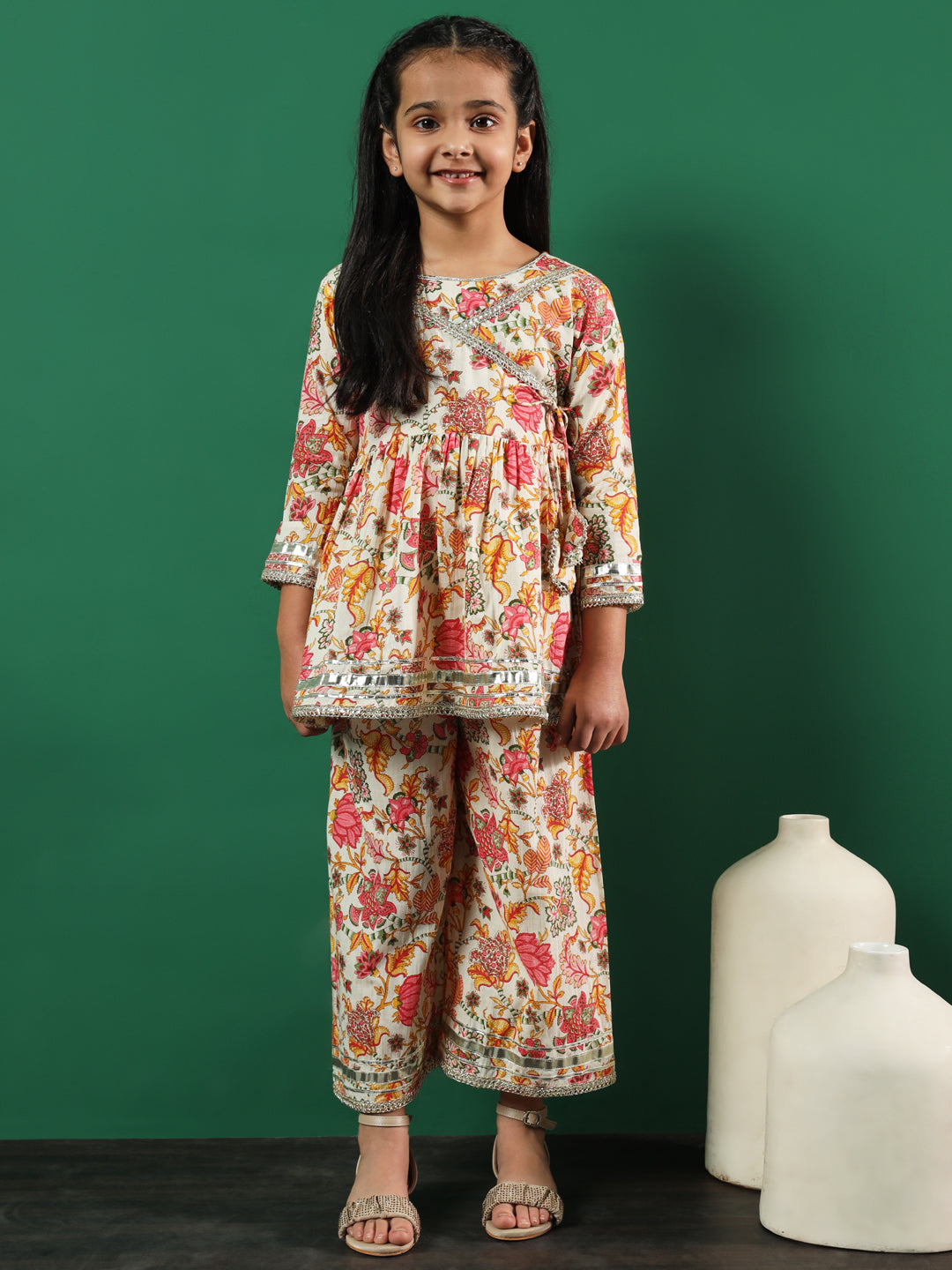 Frock Style Cotton Fabric Pink Color Printed Kurti And Palazzo With Gotta Lace Work