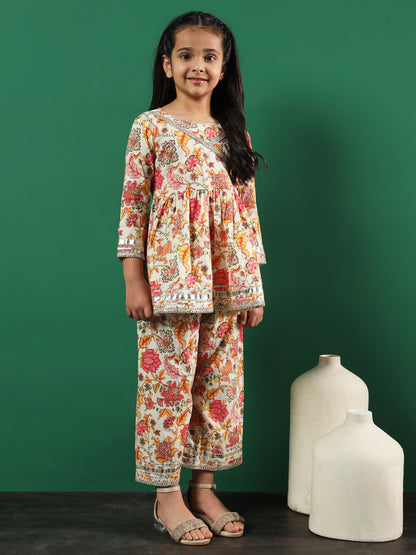 Frock Style Cotton Fabric Pink Color Printed Kurti And Palazzo With Gotta Lace Work