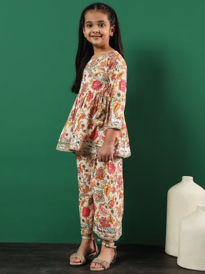 Frock Style Cotton Fabric Pink Color Printed Kurti And Palazzo With Gotta Lace Work