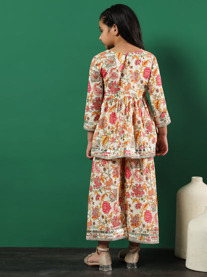 Frock Style Cotton Fabric Pink Color Printed Kurti And Palazzo With Gotta Lace Work