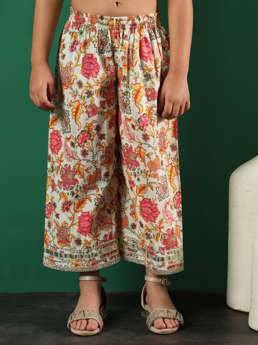 Frock Style Cotton Fabric Pink Color Printed Kurti And Palazzo With Gotta Lace Work