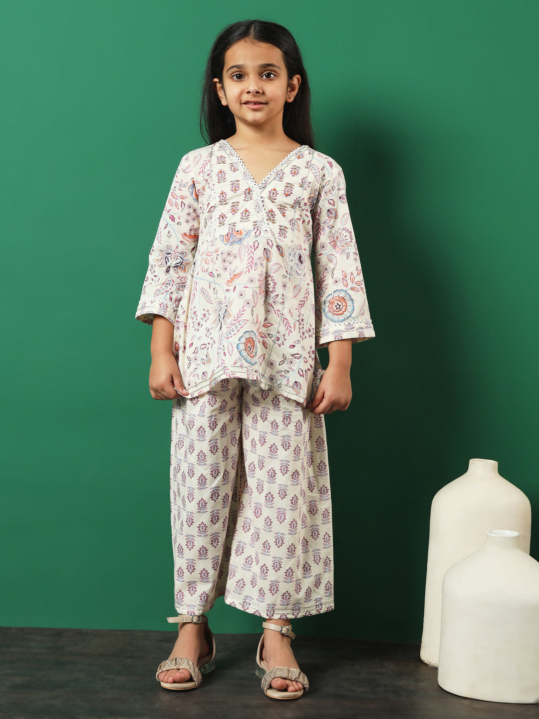 Aline Style Cotton Fabric Cream Color Floral Printed Kurti And Palazzo With Gotta Lace Work
