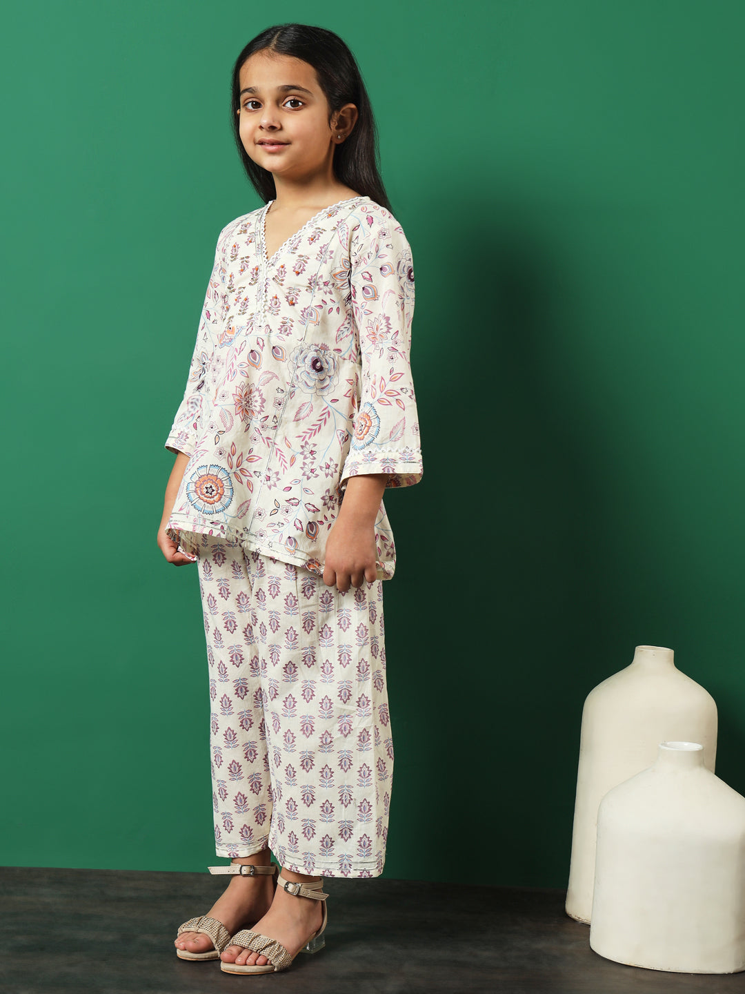 Aline Style Cotton Fabric Cream Color Floral Printed Kurti And Palazzo With Gotta Lace Work