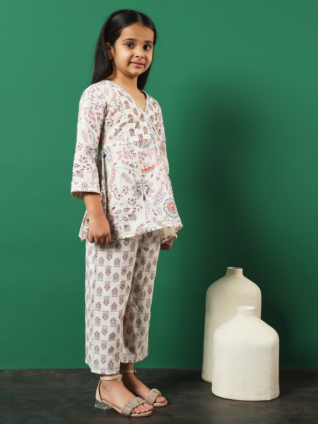 Aline Style Cotton Fabric Cream Color Floral Printed Kurti And Palazzo With Gotta Lace Work