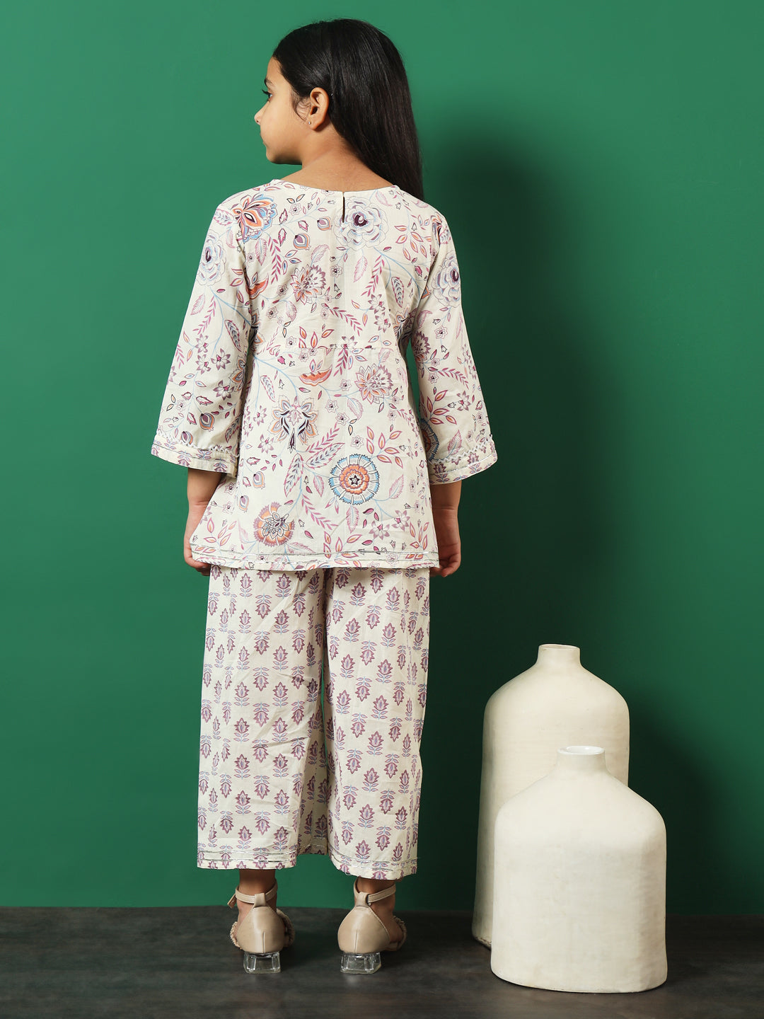 Aline Style Cotton Fabric Cream Color Floral Printed Kurti And Palazzo With Gotta Lace Work