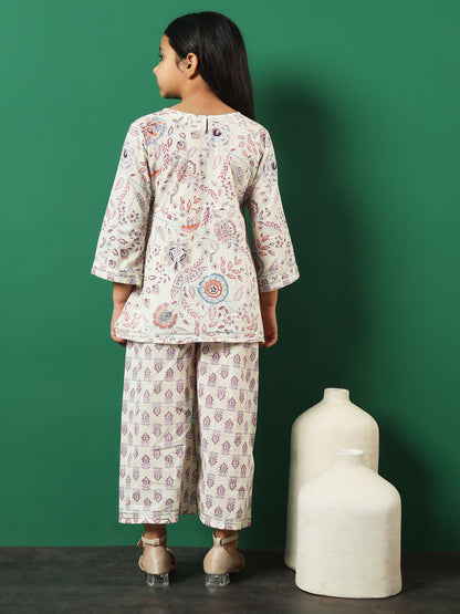 Aline Style Cotton Fabric Cream Color Floral Printed Kurti And Palazzo With Gotta Lace Work
