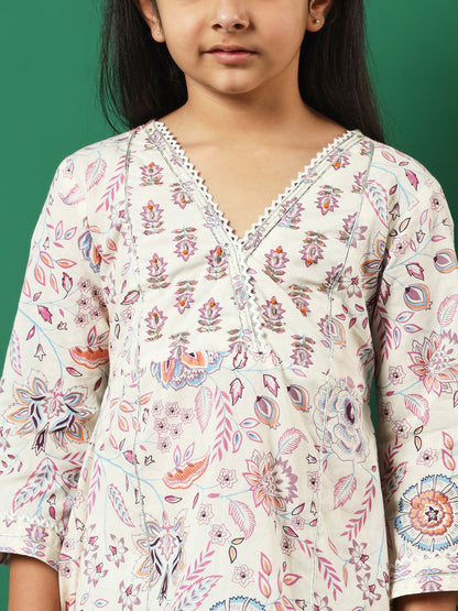 Aline Style Cotton Fabric Cream Color Floral Printed Kurti And Palazzo With Gotta Lace Work