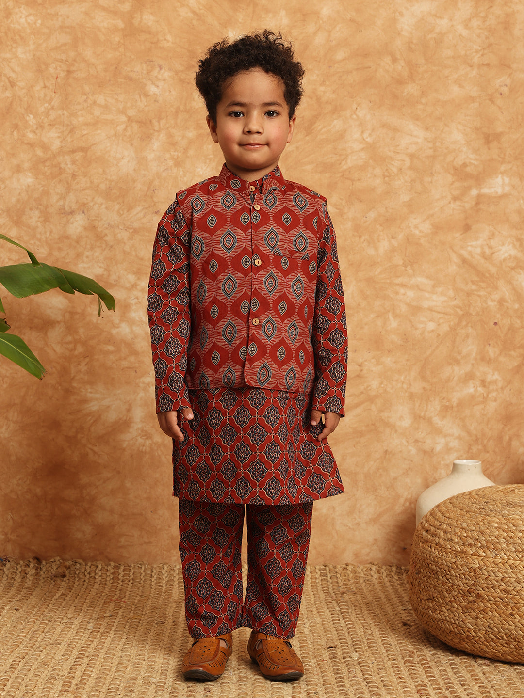 Straight Style Cotton Fabric Maroon Color Printed Kurta And Pajama With Nehru Jacket