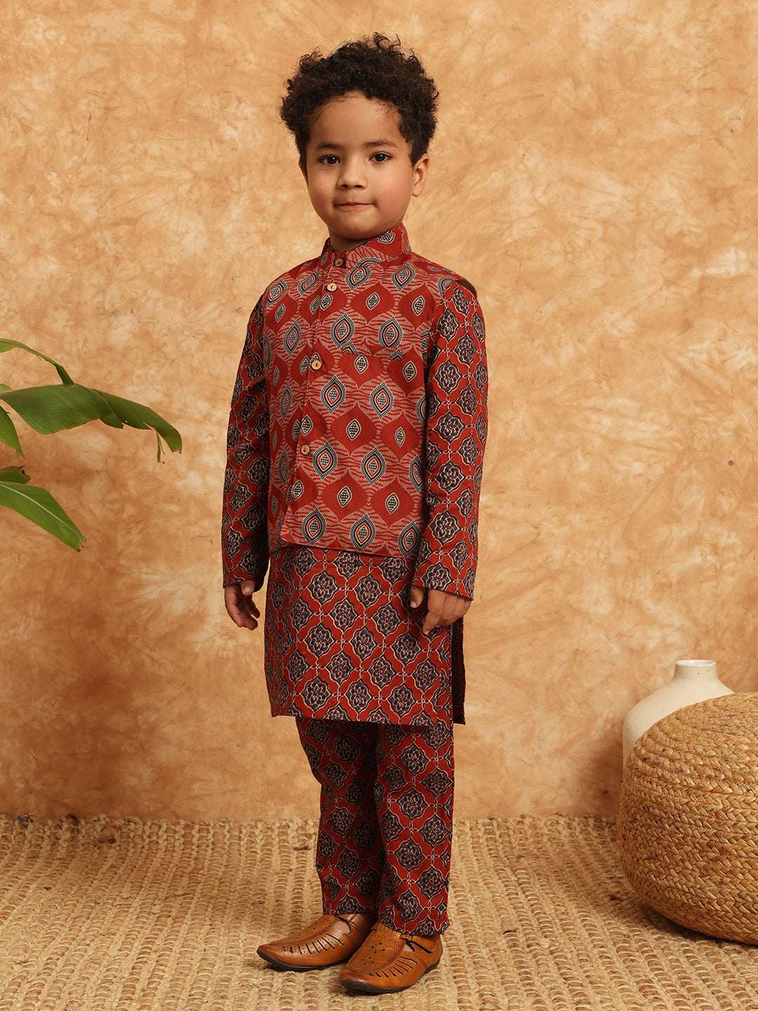 Straight Style Cotton Fabric Maroon Color Printed Kurta And Pajama With Nehru Jacket