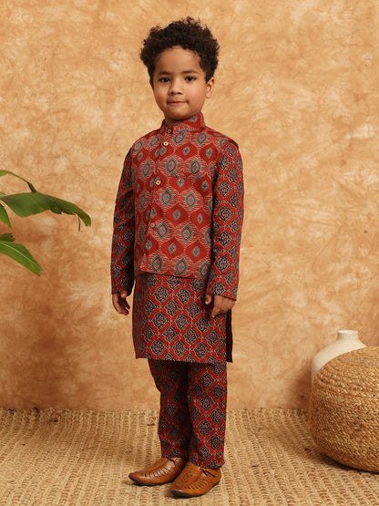 Straight Style Cotton Fabric Maroon Color Printed Kurta And Pajama With Nehru Jacket