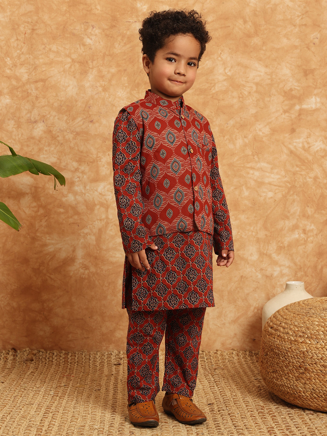 Straight Style Cotton Fabric Maroon Color Printed Kurta And Pajama With Nehru Jacket