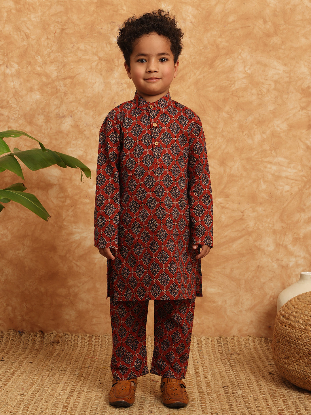 Straight Style Cotton Fabric Maroon Color Printed Kurta And Pajama With Nehru Jacket