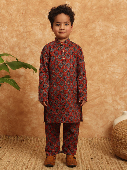 Straight Style Cotton Fabric Maroon Color Printed Kurta And Pajama With Nehru Jacket