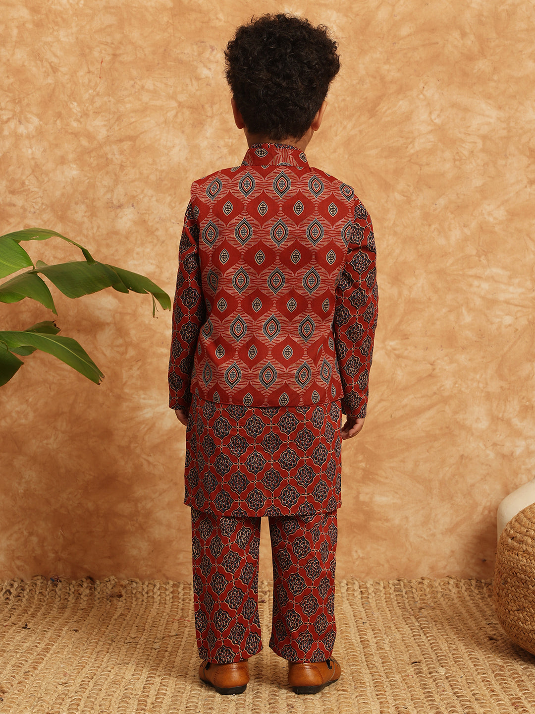 Straight Style Cotton Fabric Maroon Color Printed Kurta And Pajama With Nehru Jacket