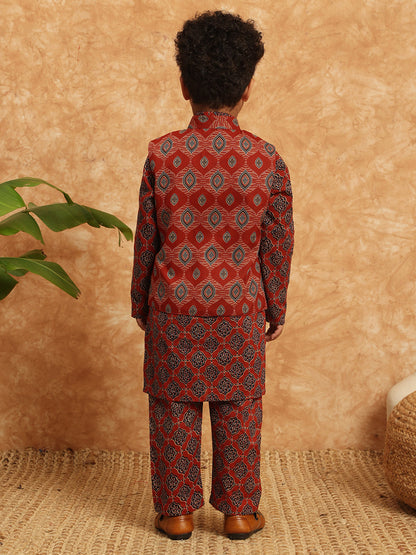 Straight Style Cotton Fabric Maroon Color Printed Kurta And Pajama With Nehru Jacket