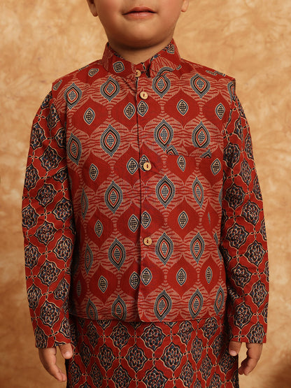 Straight Style Cotton Fabric Maroon Color Printed Kurta And Pajama With Nehru Jacket