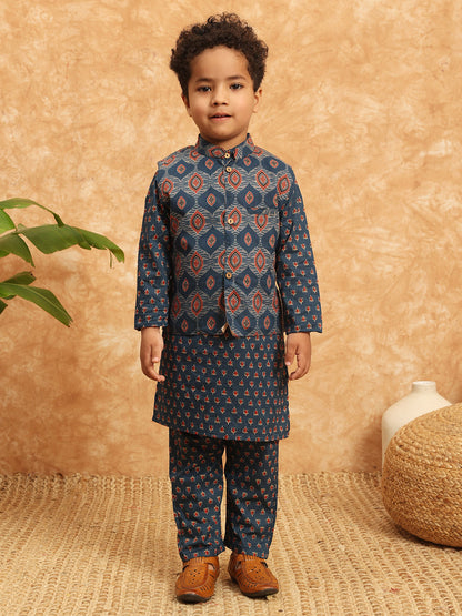 Straight Style Cotton Fabric Blue Color Floral Printed Kurta And Pajama With Nehru Jacket