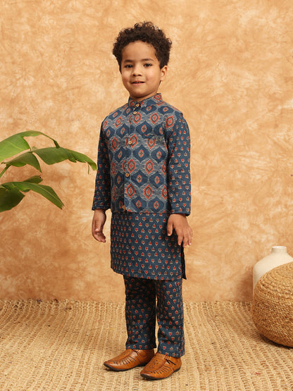 Straight Style Cotton Fabric Blue Color Floral Printed Kurta And Pajama With Nehru Jacket
