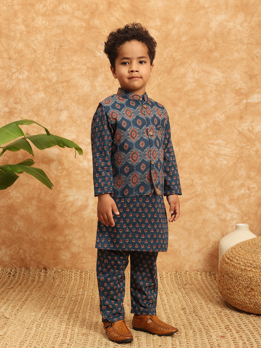 Straight Style Cotton Fabric Blue Color Floral Printed Kurta And Pajama With Nehru Jacket
