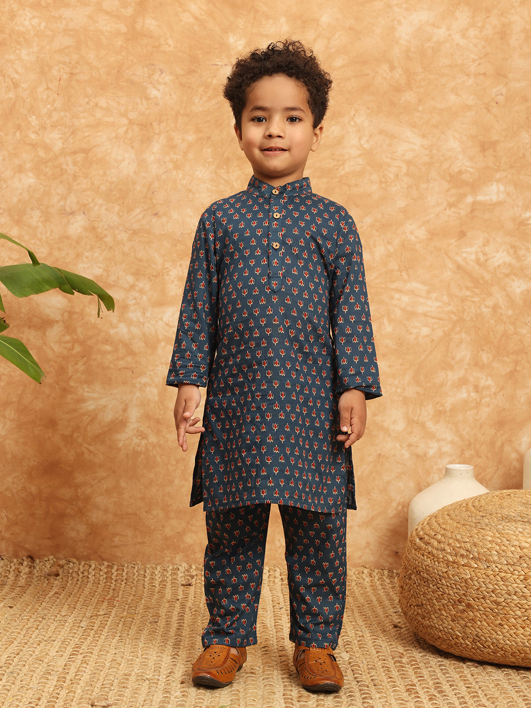 Straight Style Cotton Fabric Blue Color Floral Printed Kurta And Pajama With Nehru Jacket