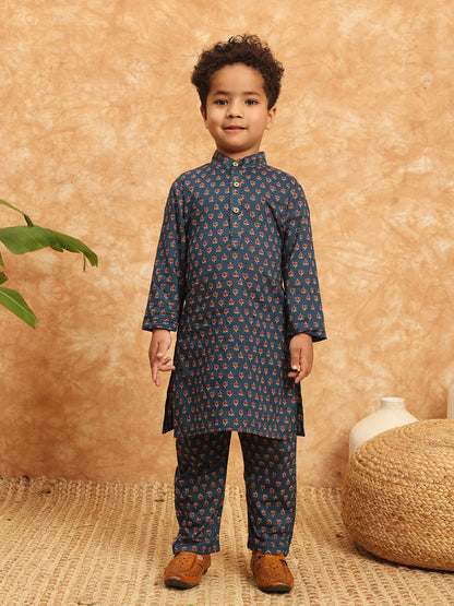 Straight Style Cotton Fabric Blue Color Floral Printed Kurta And Pajama With Nehru Jacket