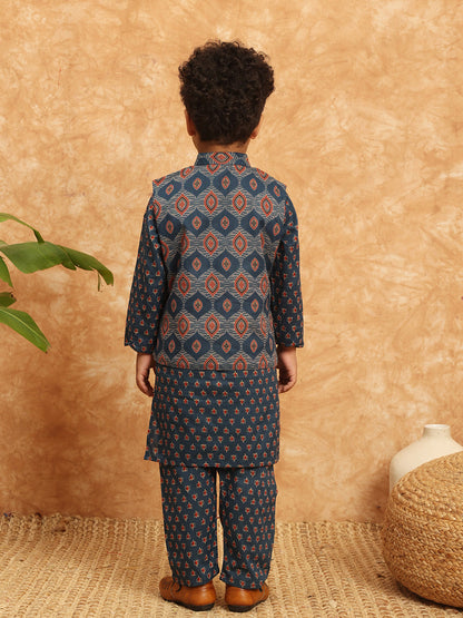 Straight Style Cotton Fabric Blue Color Floral Printed Kurta And Pajama With Nehru Jacket