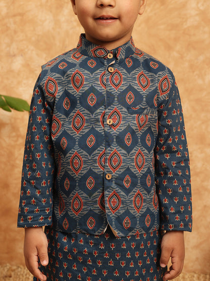 Straight Style Cotton Fabric Blue Color Floral Printed Kurta And Pajama With Nehru Jacket