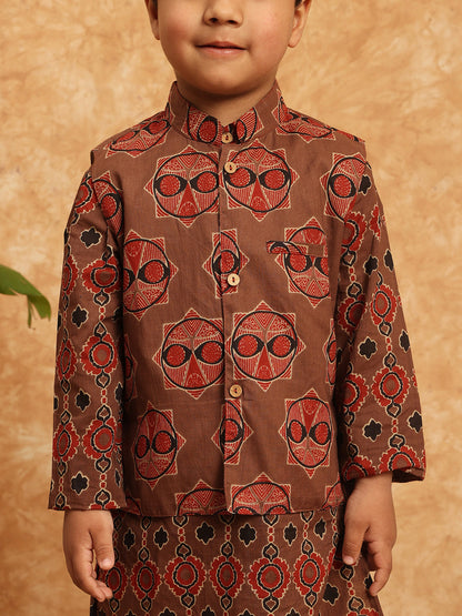 Straight Style Cotton Fabric Brown Color Printed Kurta And Pajama With Nehru Jacket