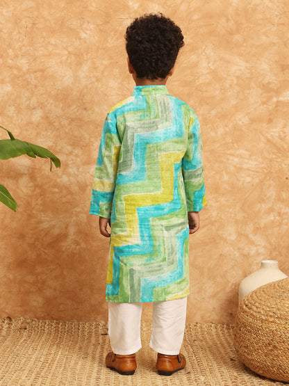 Straight Style Cotton Fabric Green Color Printed Kurta And Pajama