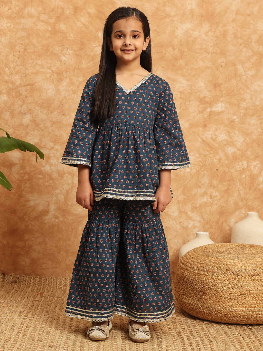 Frock Style Cotton Fabric Blue Color Printed Kurti And Sharara With Gotta Lace Work
