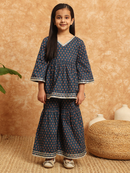 Frock Style Cotton Fabric Blue Color Printed Kurti And Sharara With Gotta Lace Work