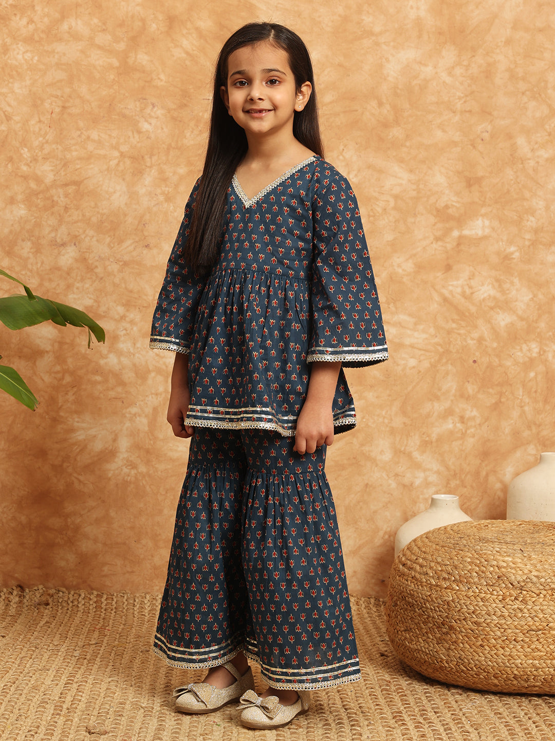 Frock Style Cotton Fabric Blue Color Printed Kurti And Sharara With Gotta Lace Work