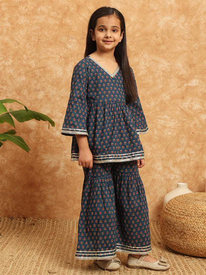 Frock Style Cotton Fabric Blue Color Printed Kurti And Sharara With Gotta Lace Work