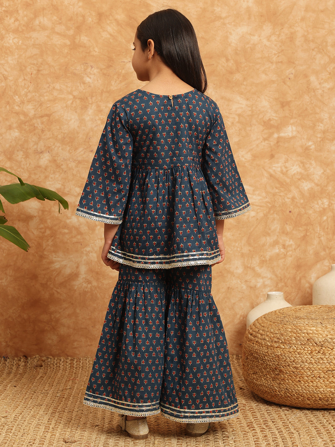 Frock Style Cotton Fabric Blue Color Printed Kurti And Sharara With Gotta Lace Work
