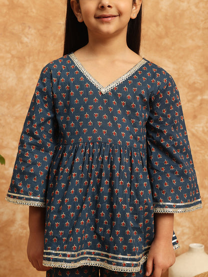 Frock Style Cotton Fabric Blue Color Printed Kurti And Sharara With Gotta Lace Work