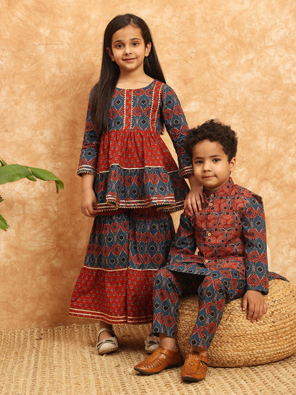 Frock Style Cotton Fabric Blue Color Printed Kurti And Sharara With Gotta Lace Work