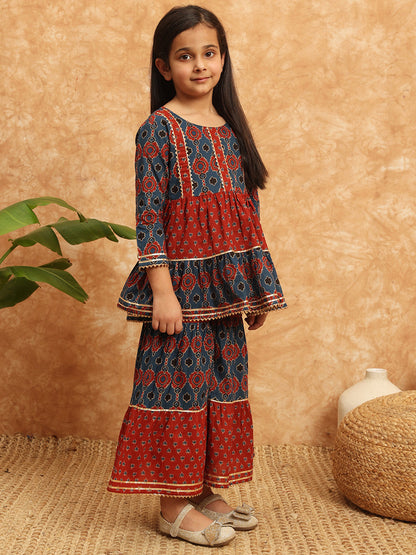 Frock Style Cotton Fabric Blue Color Printed Kurti And Sharara With Gotta Lace Work
