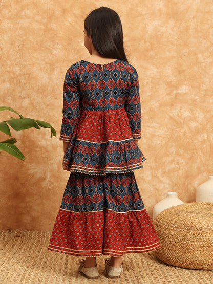 Frock Style Cotton Fabric Blue Color Printed Kurti And Sharara With Gotta Lace Work
