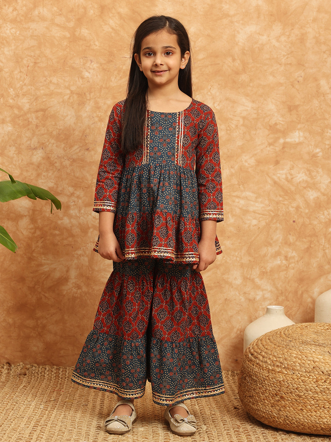 Frock Style Cotton Fabric Blue Color Printed Kurti And Sharara With Gotta Lace Work