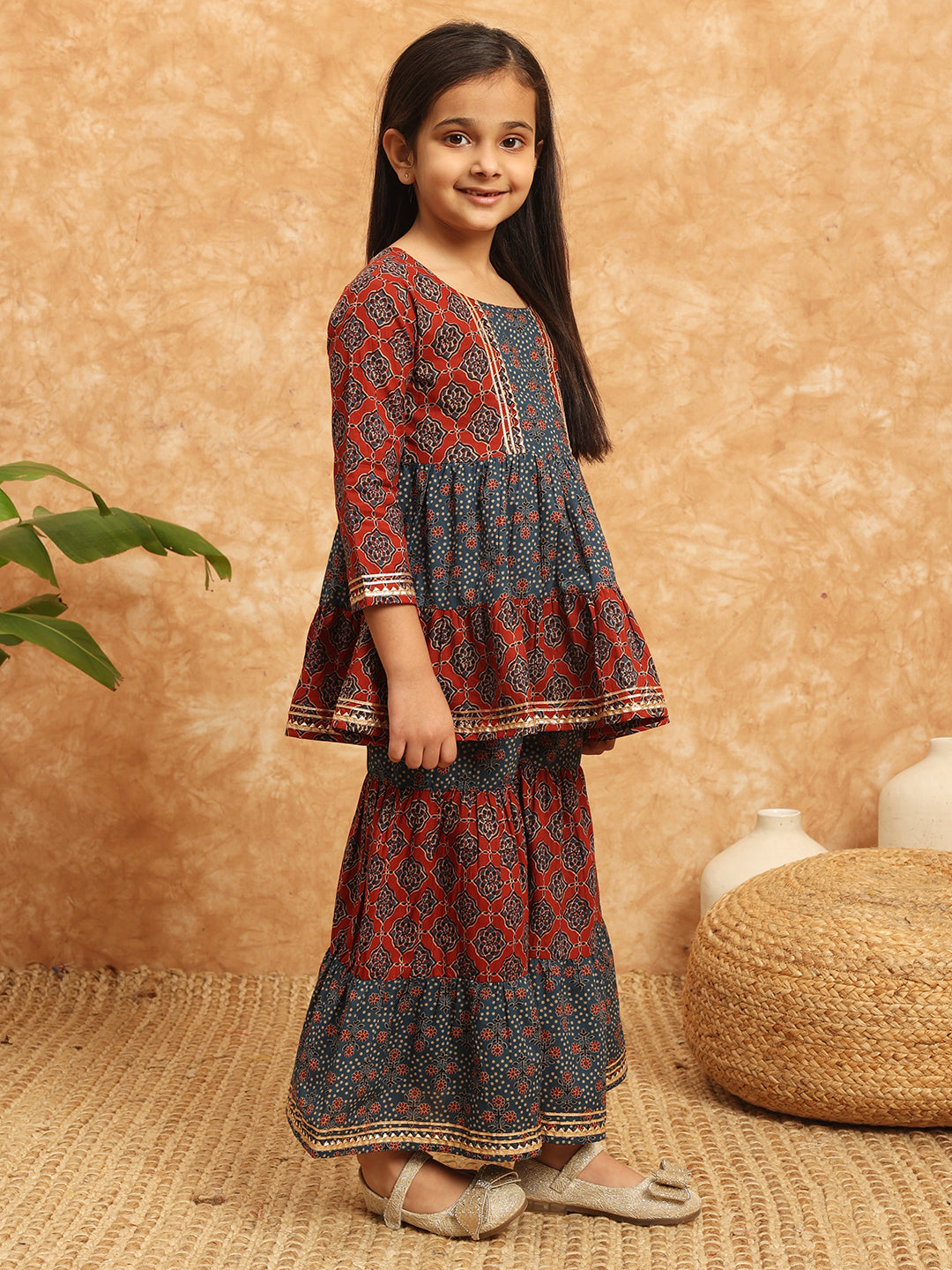 Frock Style Cotton Fabric Blue Color Printed Kurti And Sharara With Gotta Lace Work