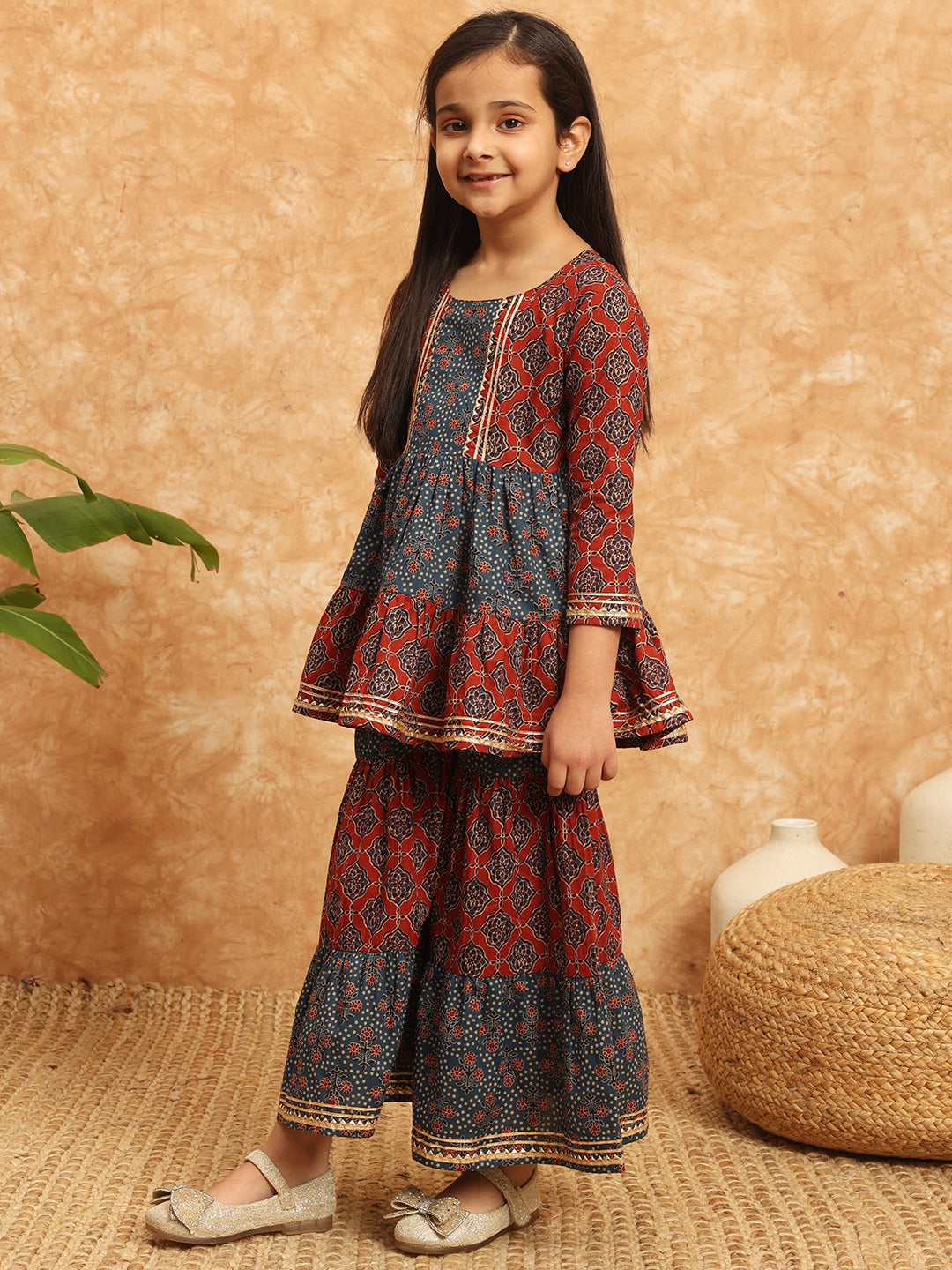 Frock Style Cotton Fabric Blue Color Printed Kurti And Sharara With Gotta Lace Work