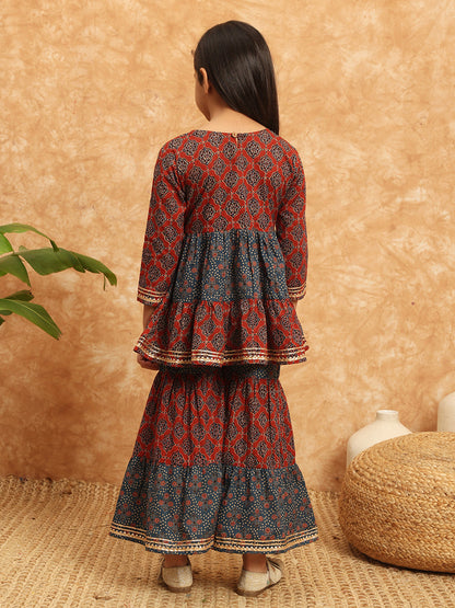 Frock Style Cotton Fabric Blue Color Printed Kurti And Sharara With Gotta Lace Work