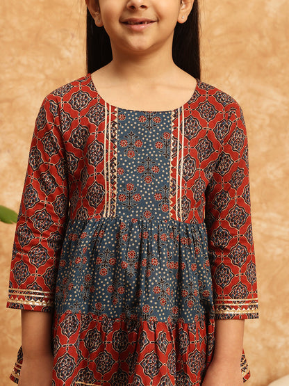 Frock Style Cotton Fabric Blue Color Printed Kurti And Sharara With Gotta Lace Work