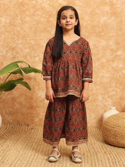 Frock Style Cotton Fabric Brown Color Printed Kurti And Sharara With Gotta Lace Work