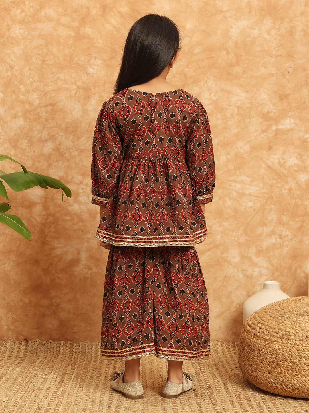 Frock Style Cotton Fabric Brown Color Printed Kurti And Sharara With Gotta Lace Work