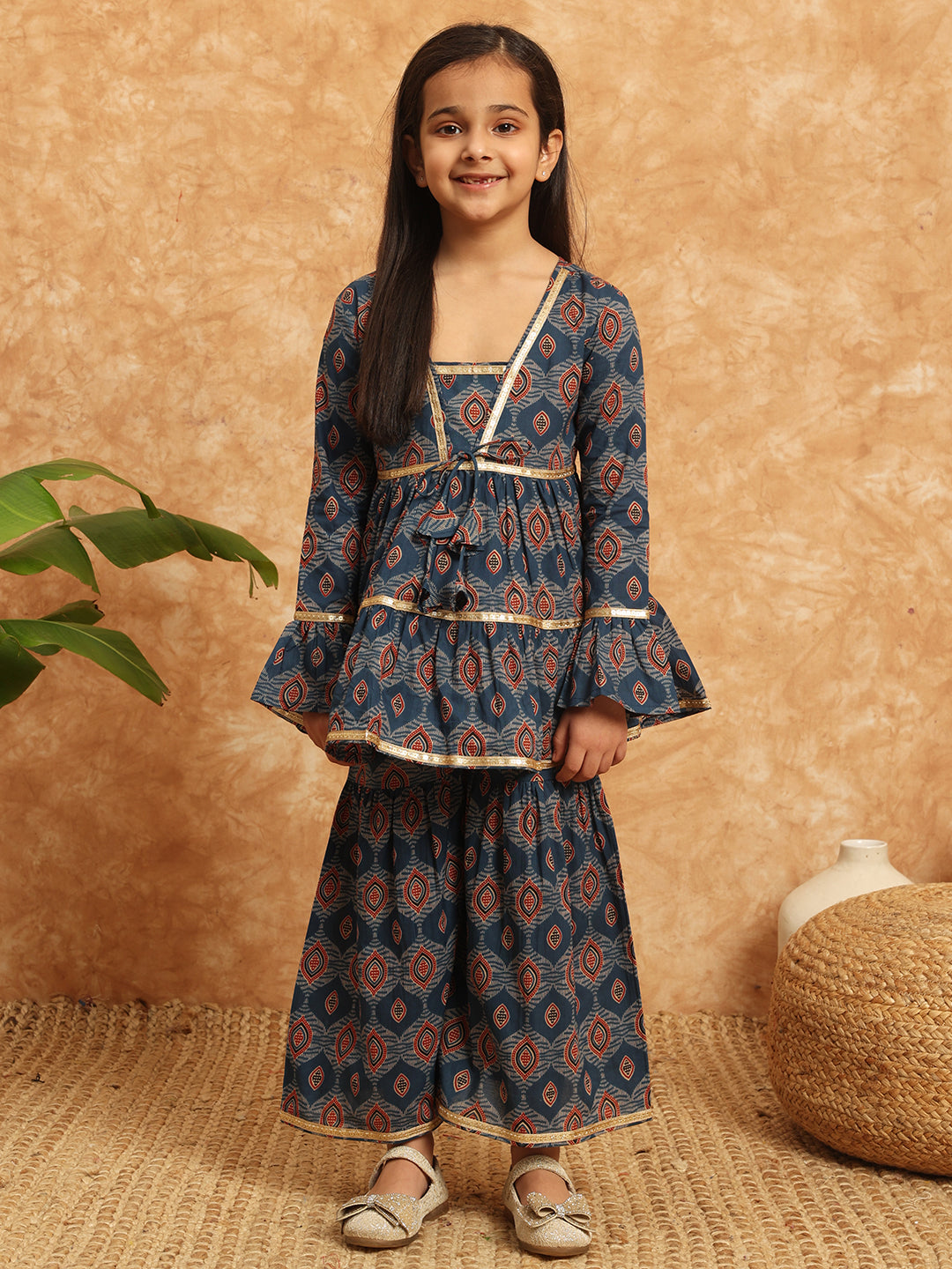 Frock Style Cotton Fabric Blue Color Printed Kurti And Sharara With Gotta Lace Work