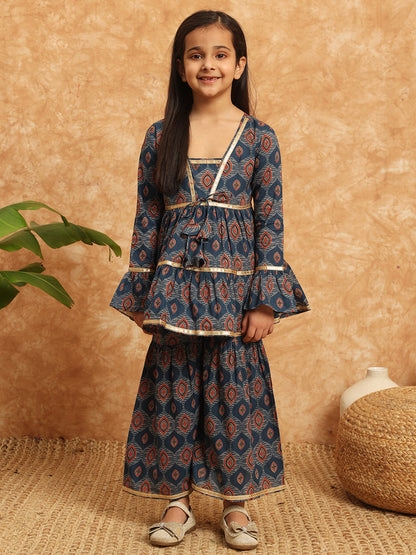 Frock Style Cotton Fabric Blue Color Printed Kurti And Sharara With Gotta Lace Work