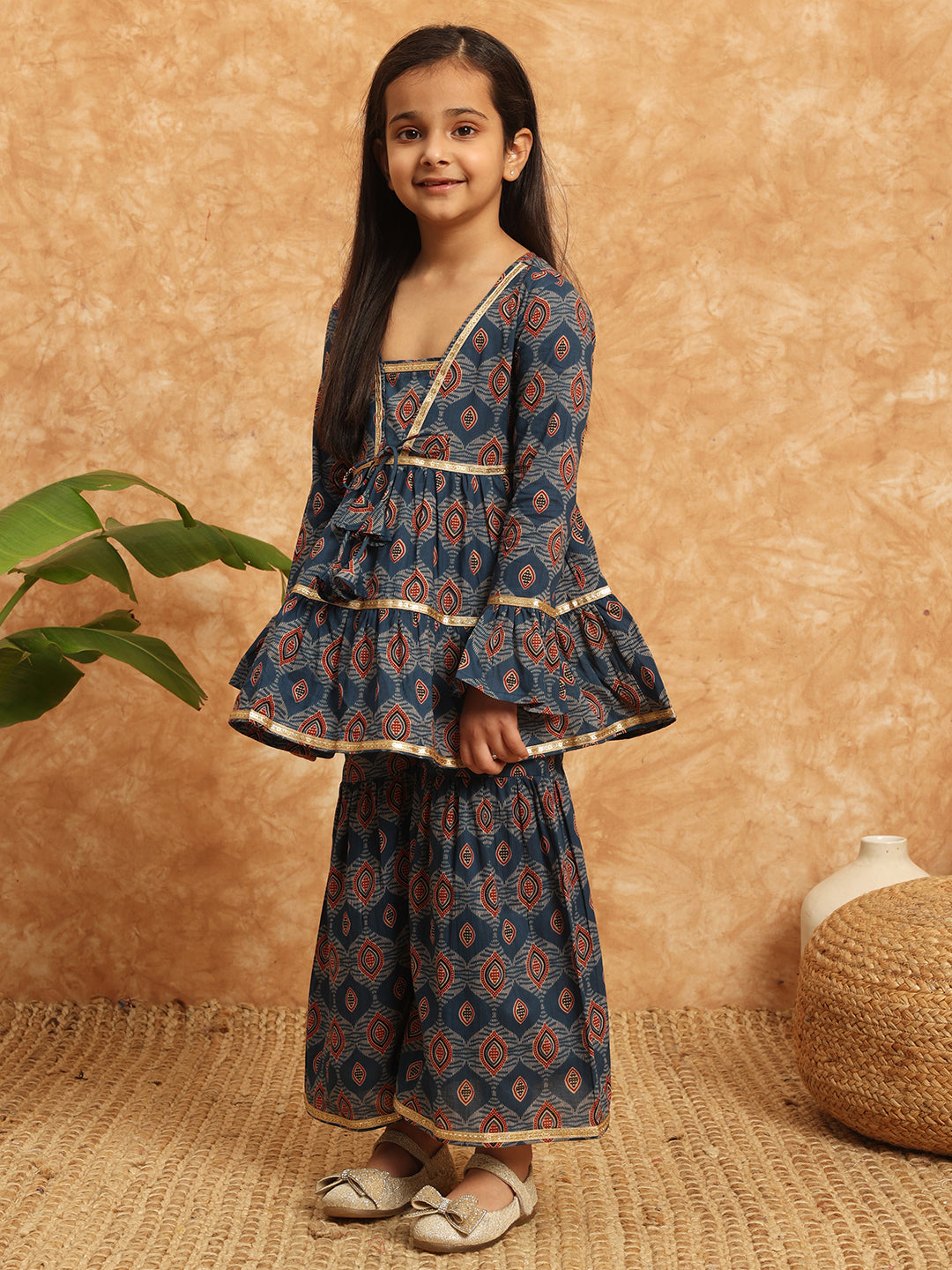 Frock Style Cotton Fabric Blue Color Printed Kurti And Sharara With Gotta Lace Work