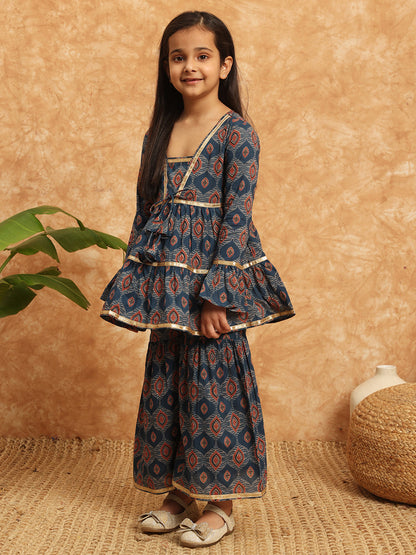 Frock Style Cotton Fabric Blue Color Printed Kurti And Sharara With Gotta Lace Work