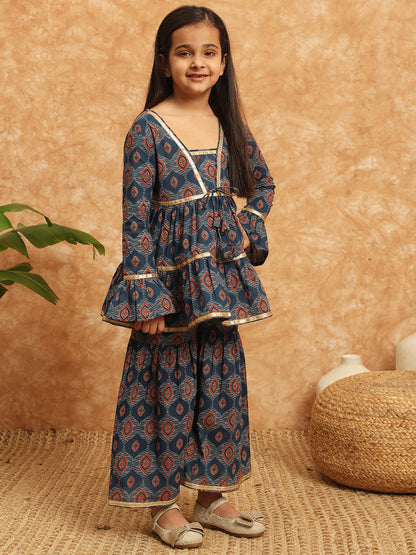 Frock Style Cotton Fabric Blue Color Printed Kurti And Sharara With Gotta Lace Work